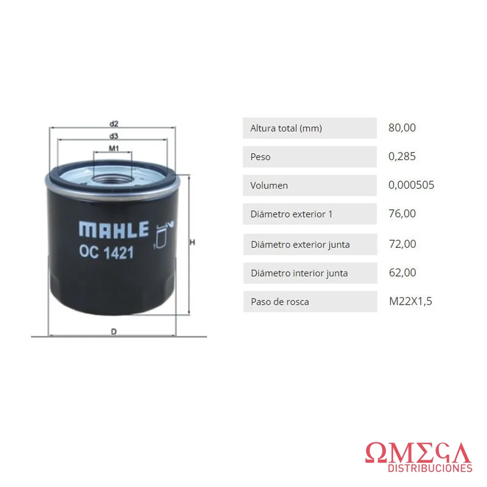 Filtro de aceite Mahle GM Cruze 1.4 desde 2016 OC1421