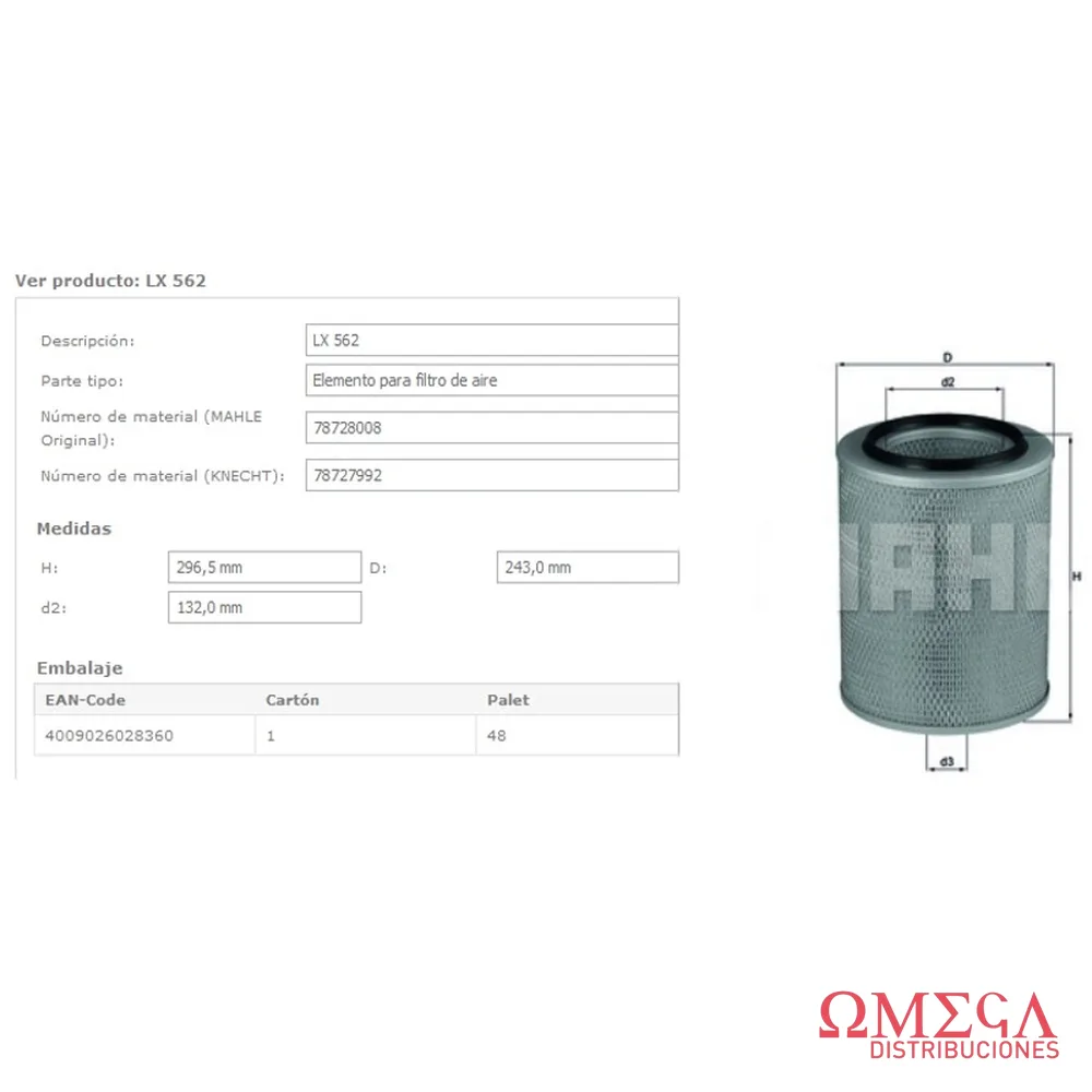 Filtro de aire Mahle — Iveco Euroc.91-03 LX562