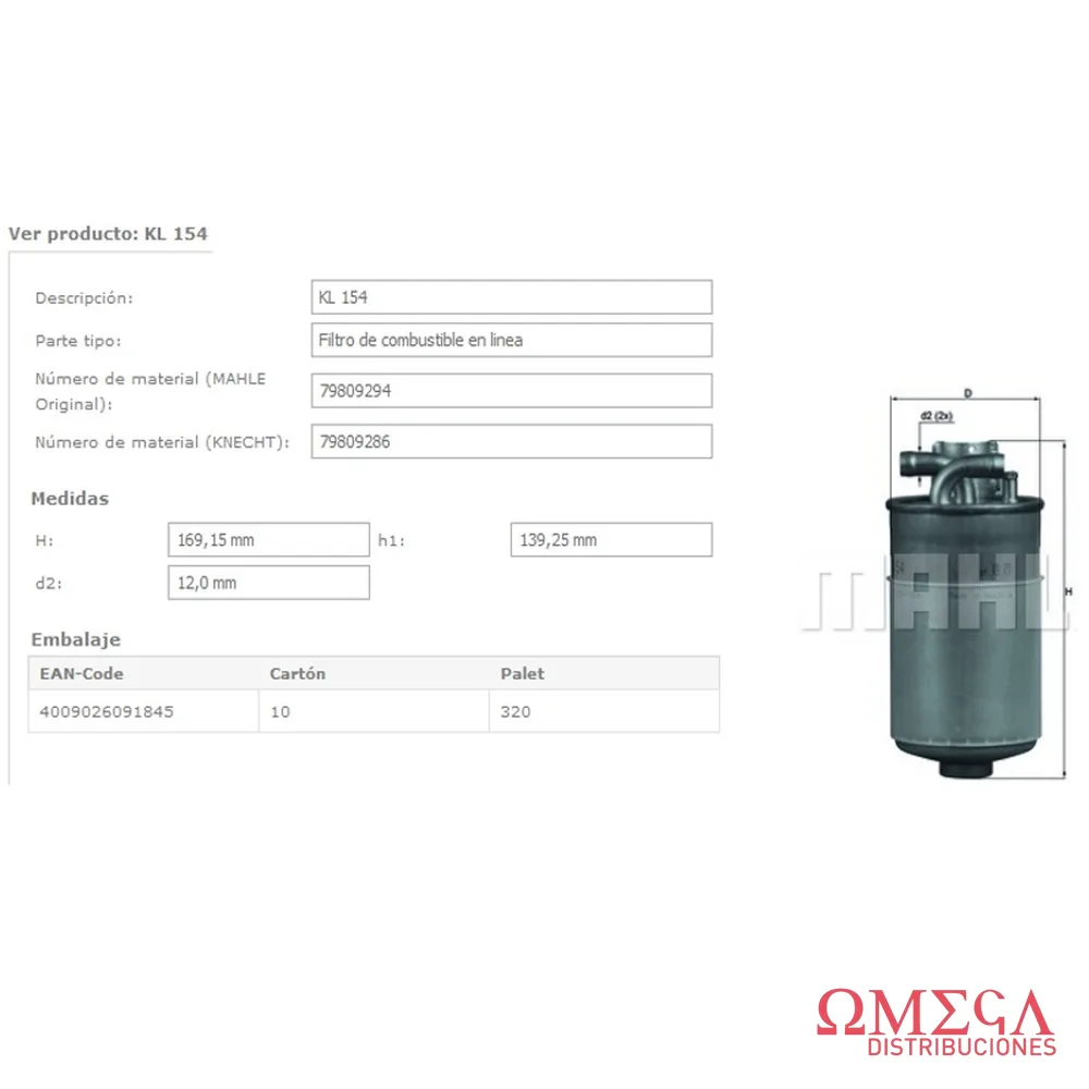 Filtro de combustible Mahle — Audi 2.5 KL154