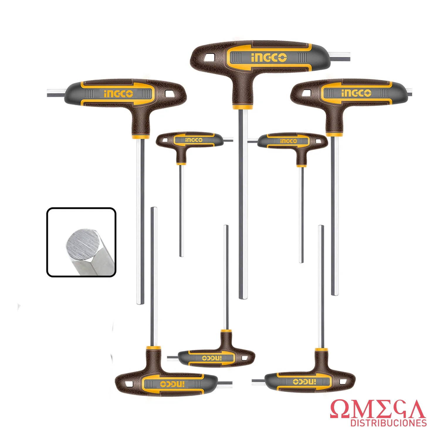 Set X8 llaves T hexagonal con mango ergonomico industrial Ingco 700870