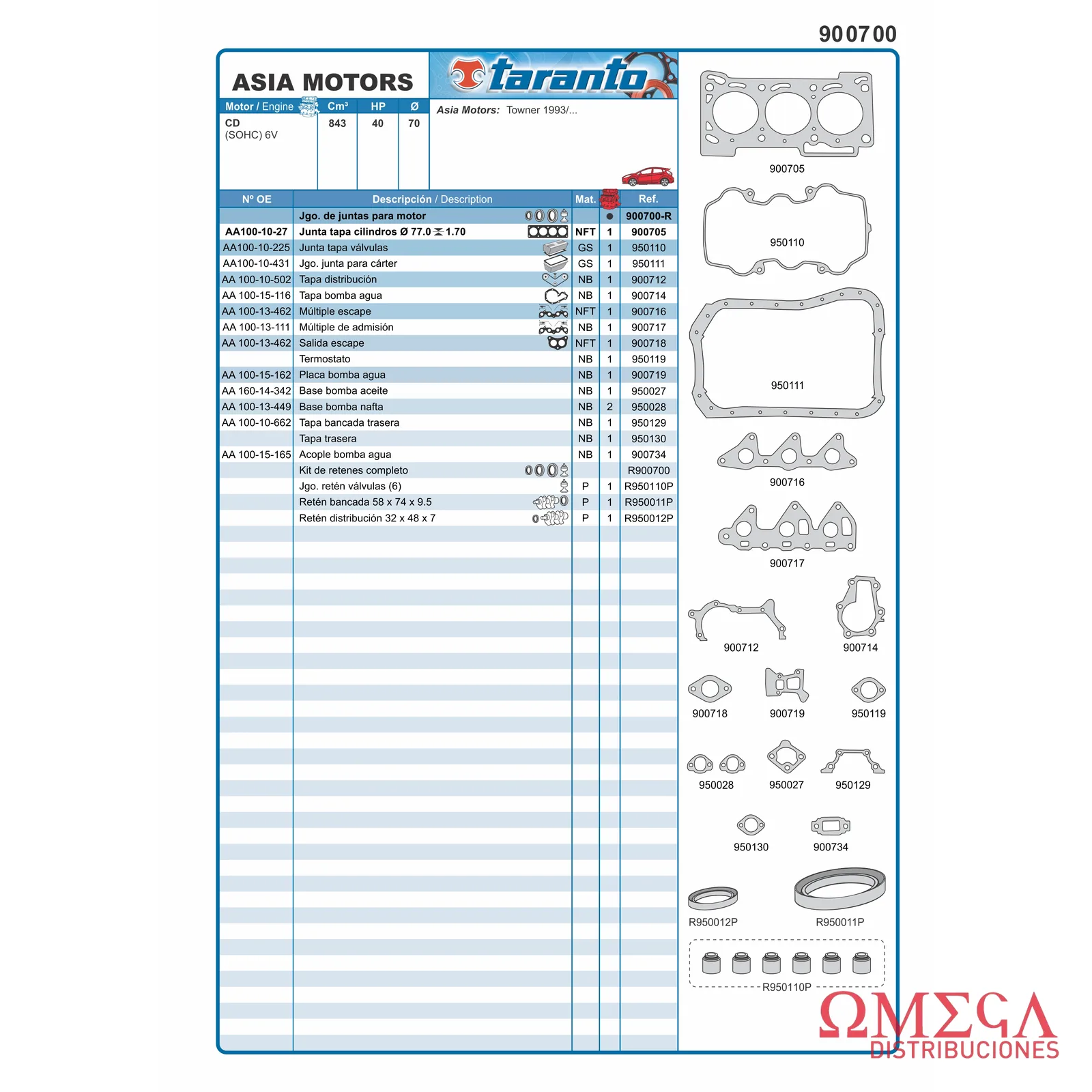 Juego de juntas Taranto Asia - 850 CD 3 cilindros 900700-R