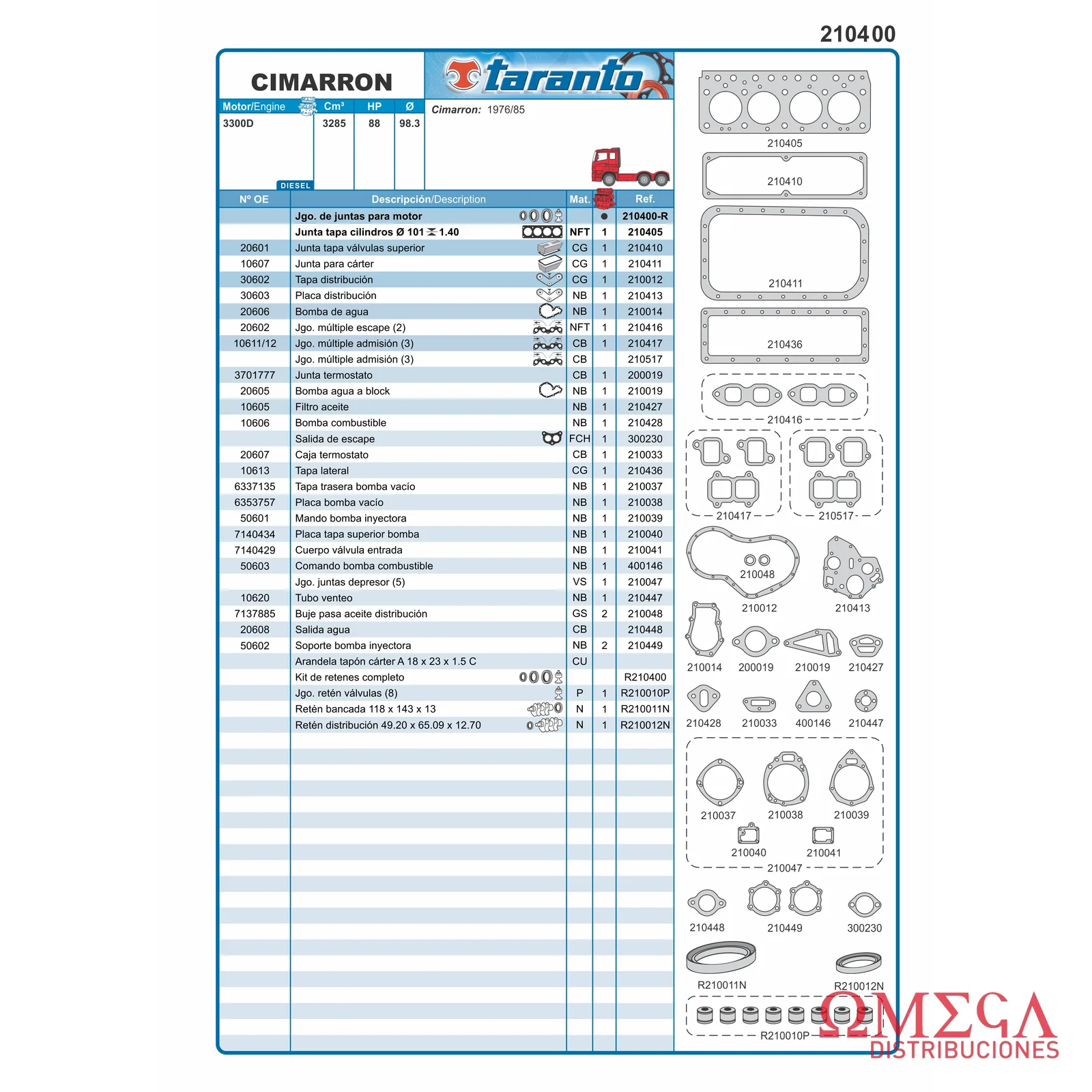Juego de juntas cimarron - 3300D - 1976/1985 Taranto 210400-R