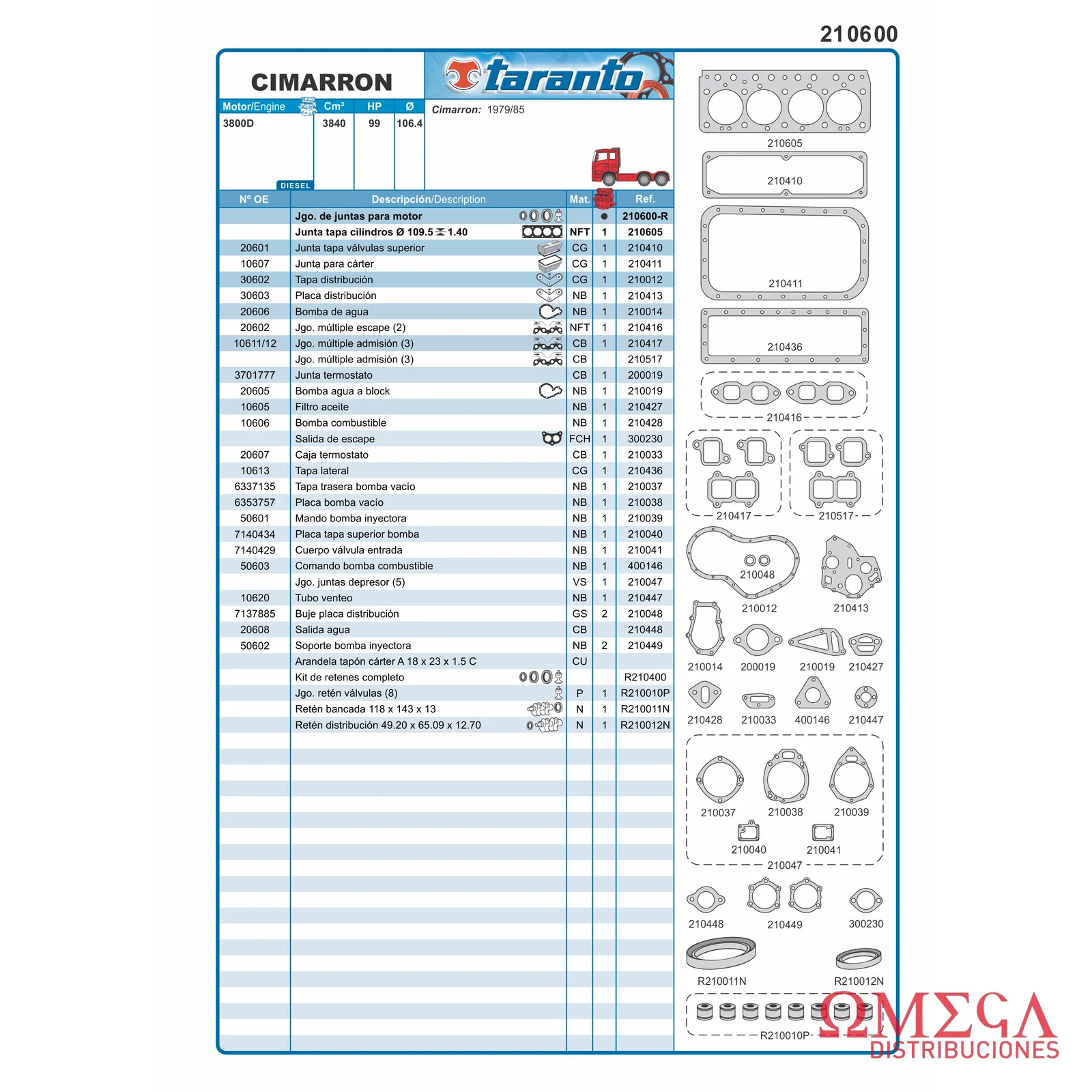 Juego de juntas cimarron - 3800D - 1979/1985 Taranto 210600-R