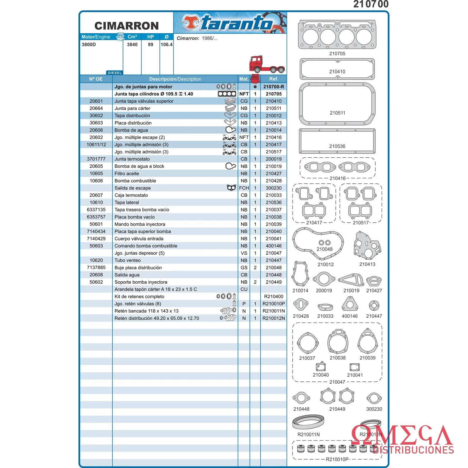 Juego de juntas cimarron - 3800D desde 1986 Taranto 210700-R