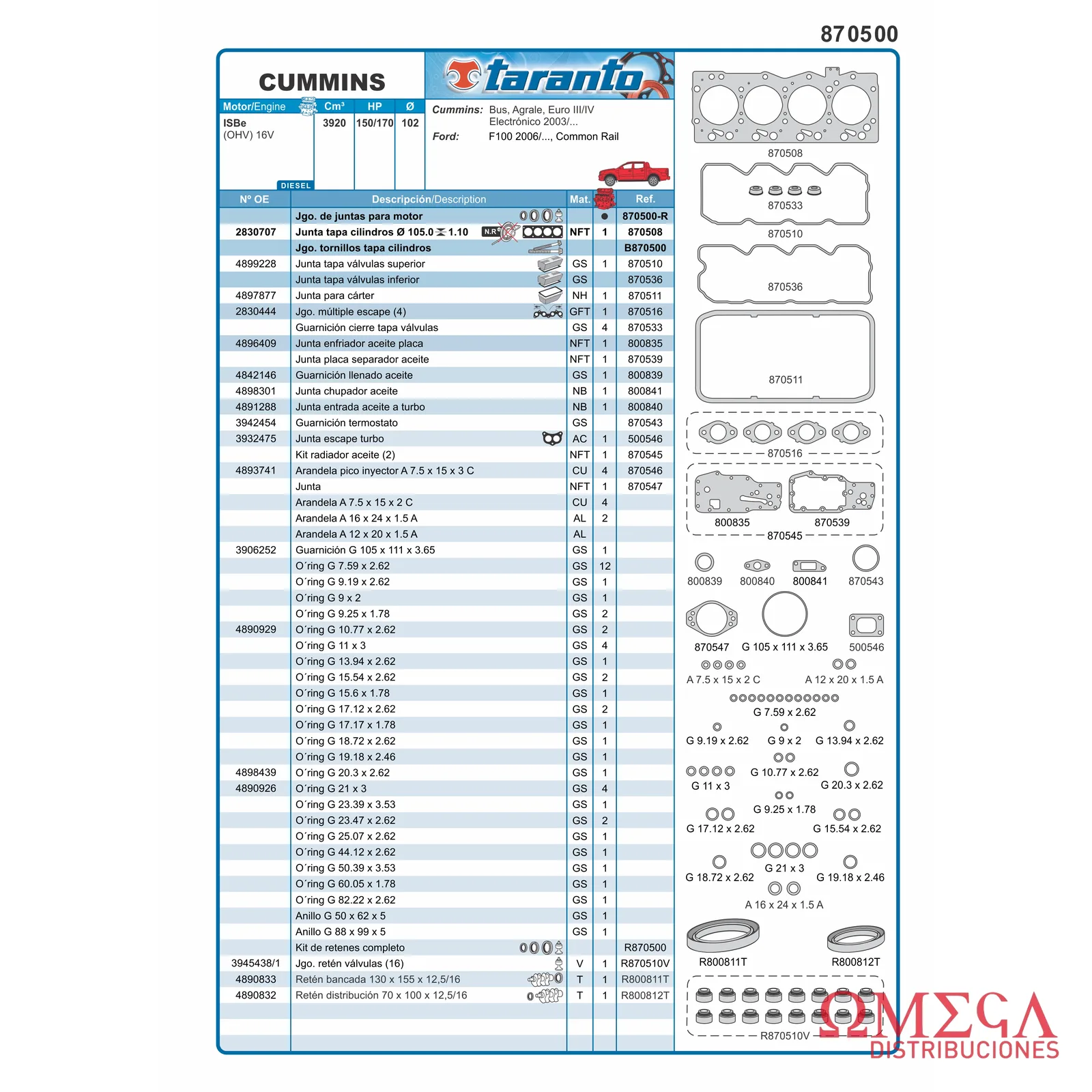 Juego de juntas Taranto — Cummins - 3.9 16V Isbe 870500-R