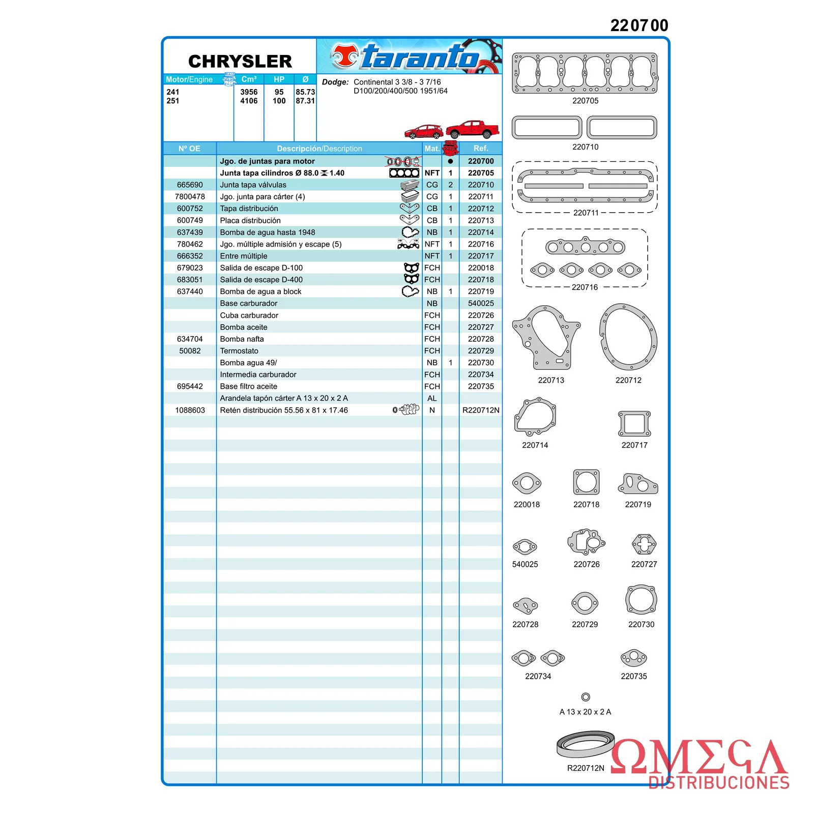 Juego de juntas Taranto — Dodge - 241 / 251 - D100 / D4400 / Continental 220700