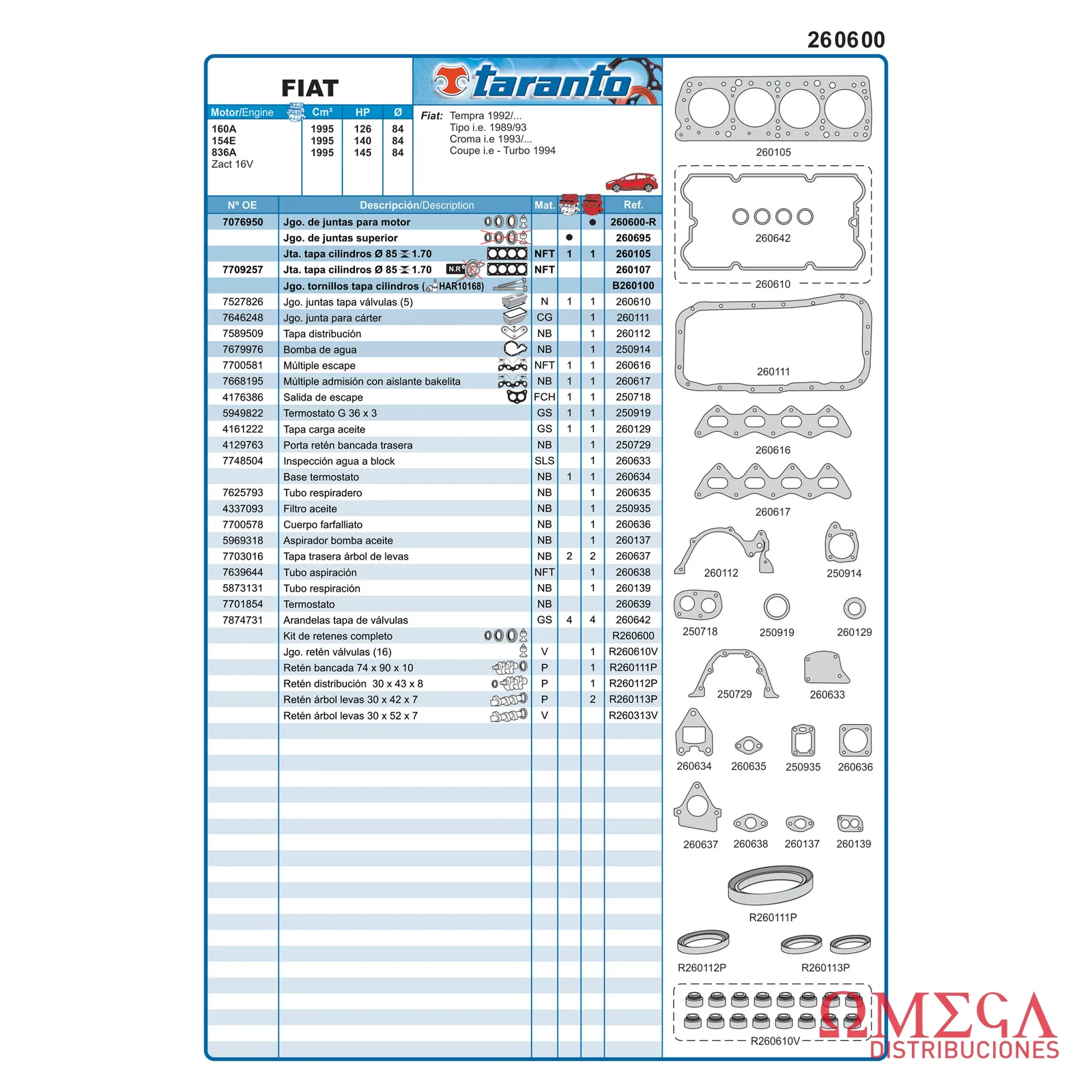 Juego de juntas Taranto — Fiat - 2.0 16V - Tempra / Tipo 260600-R