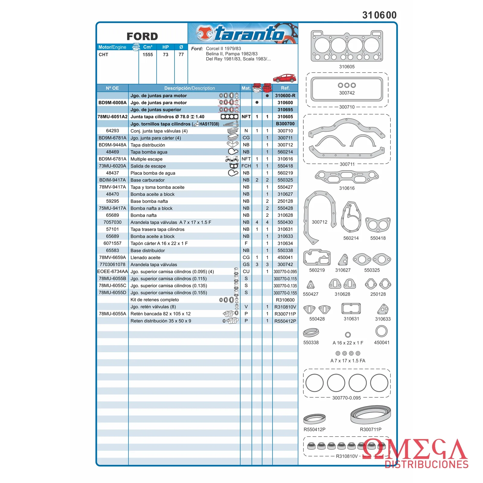 Juego de juntas Taranto — Ford - 1.6 8V CHT - Corcel 1979/1983 310600-R