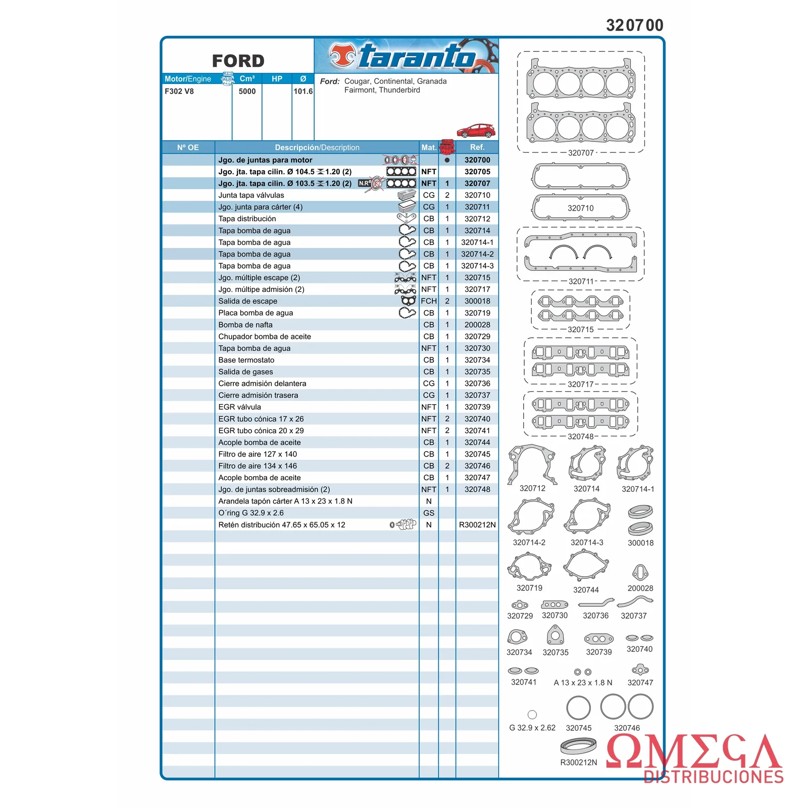 Juego de juntas Taranto — Ford - 5.0 16V V8 - Couger / Granada 320700