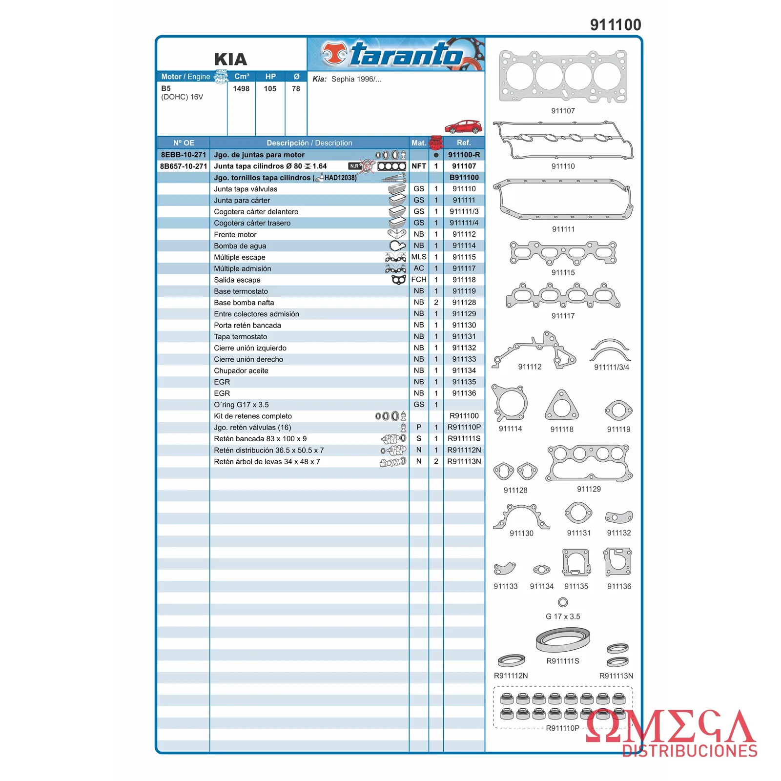 Juego de juntas Taranto — Kia - 1.4 16V B5 911100-R
