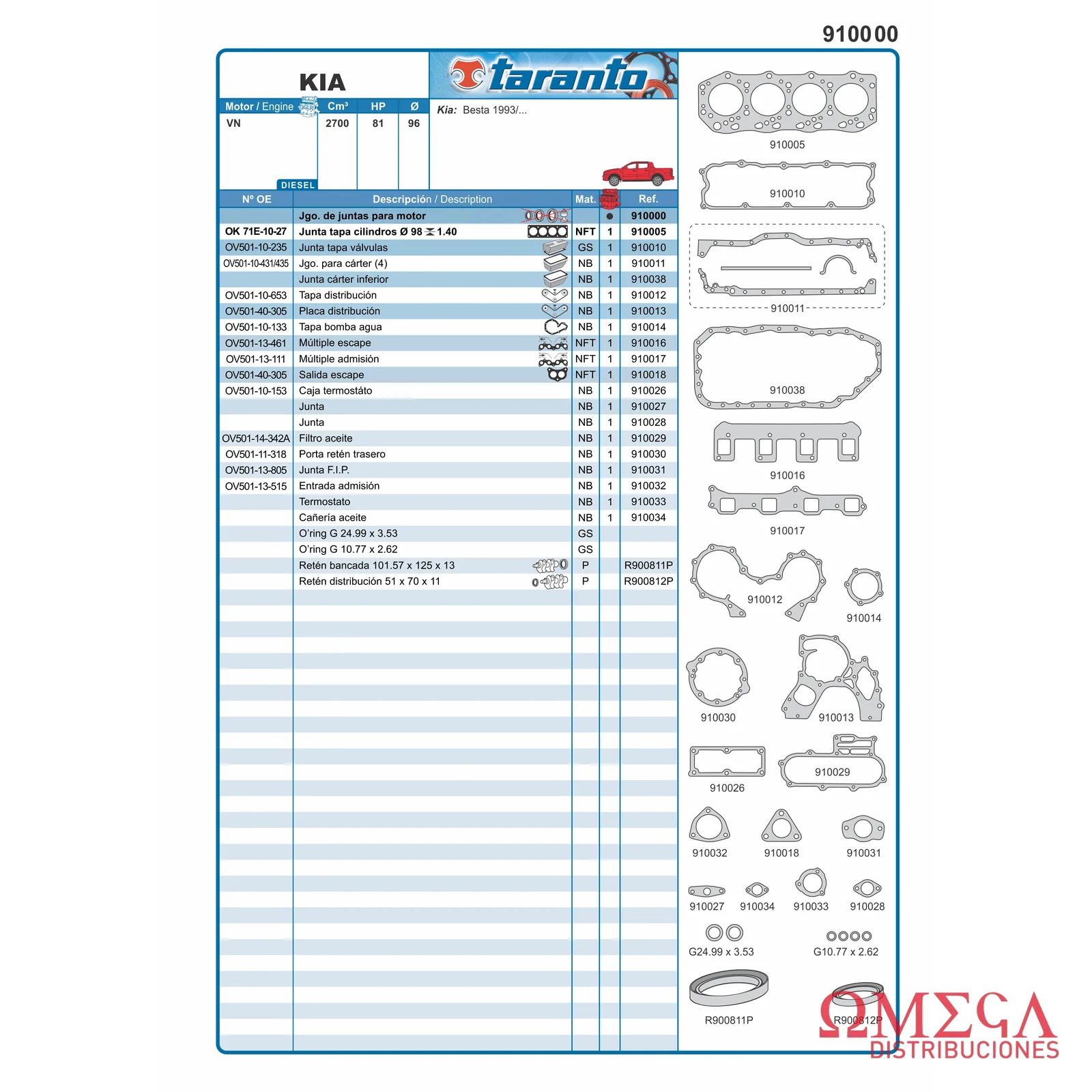 Juego de juntas Taranto — Kia - 2.7 8V - Besta 910000