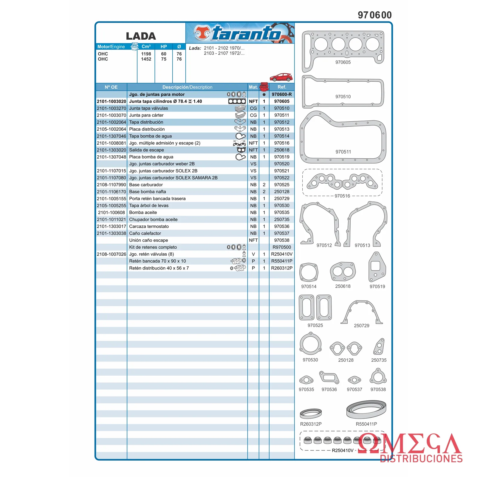 Juego de juntas Taranto — Lada - 1.2 8V OHC 970600-R