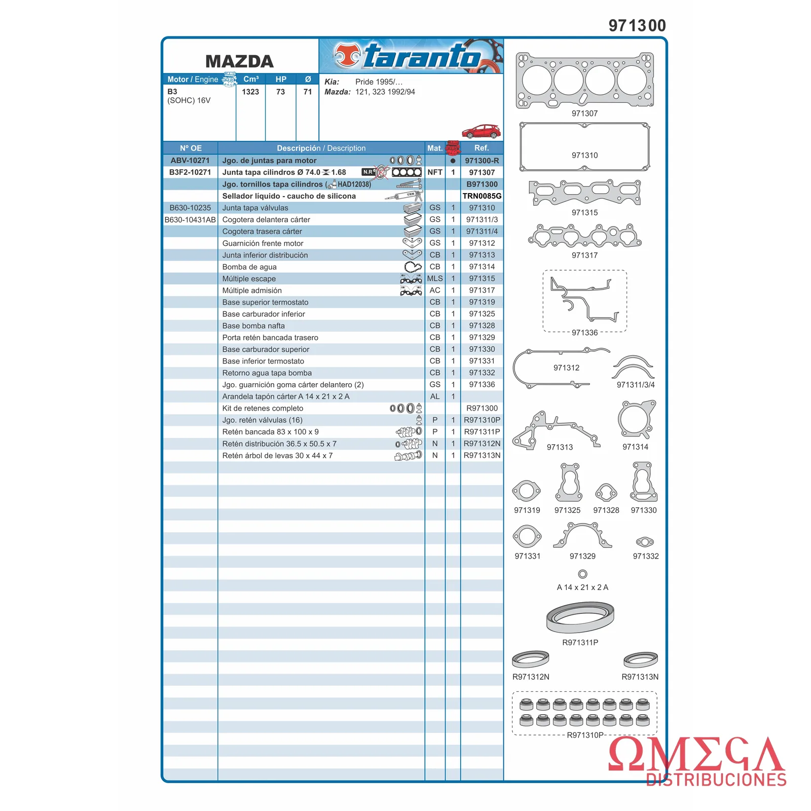 Juego de juntas Taranto — Mazda - 1.3 16V B3 971300-R