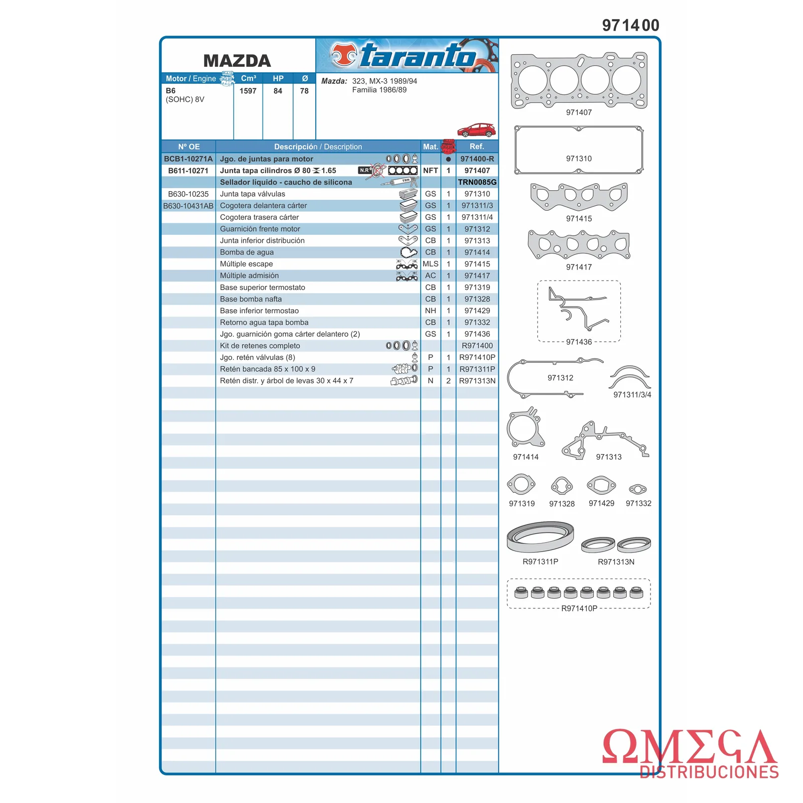 Juego de juntas Taranto — Mazda - 1.6 16V B6 971400-R