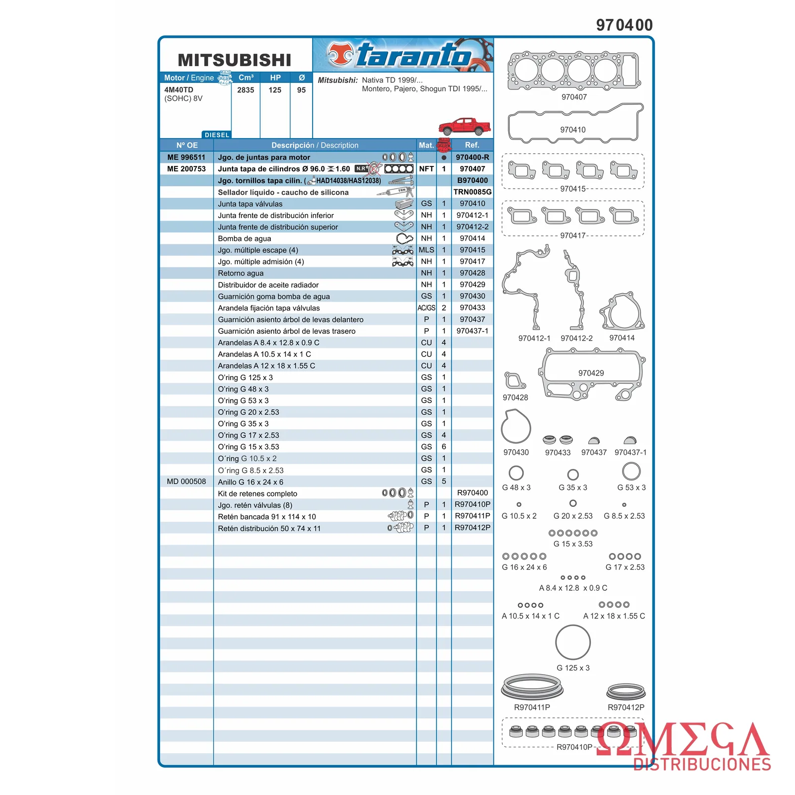 Juego de juntas Taranto — Mitsubishi - 2.8 8V 4M40 TD 970400-R