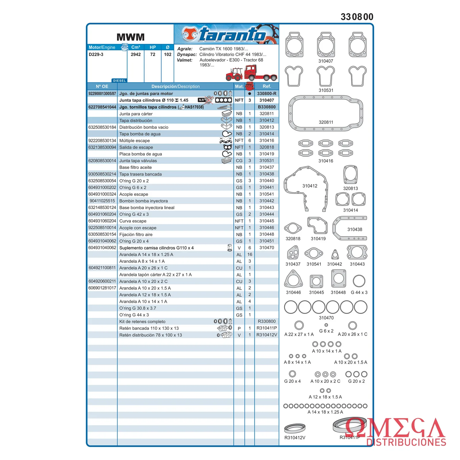 Juego de juntas Taranto — MWM - D229-3 330800-R
