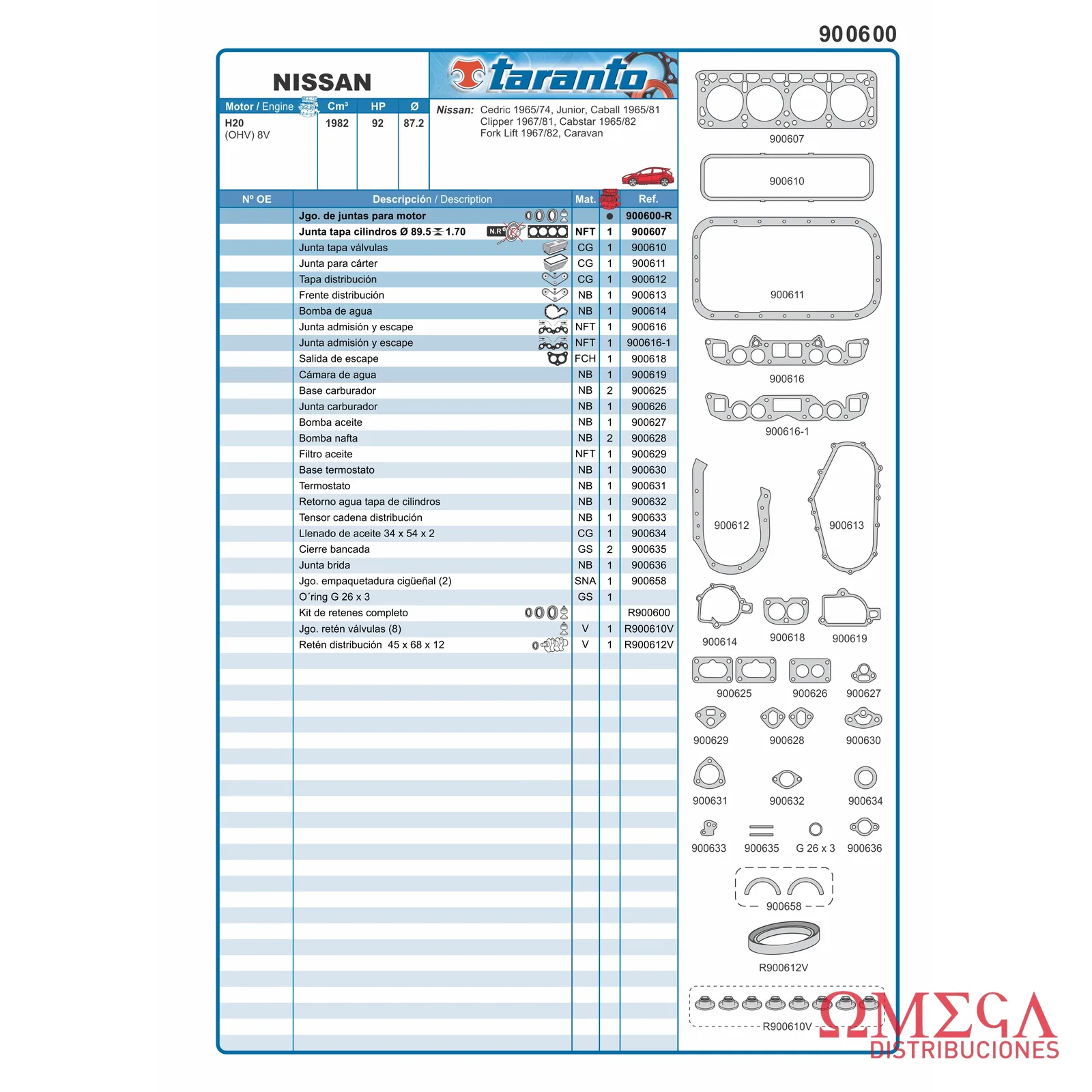Juego de juntas Taranto — Nissan - 2.0 8V H20 900600-R