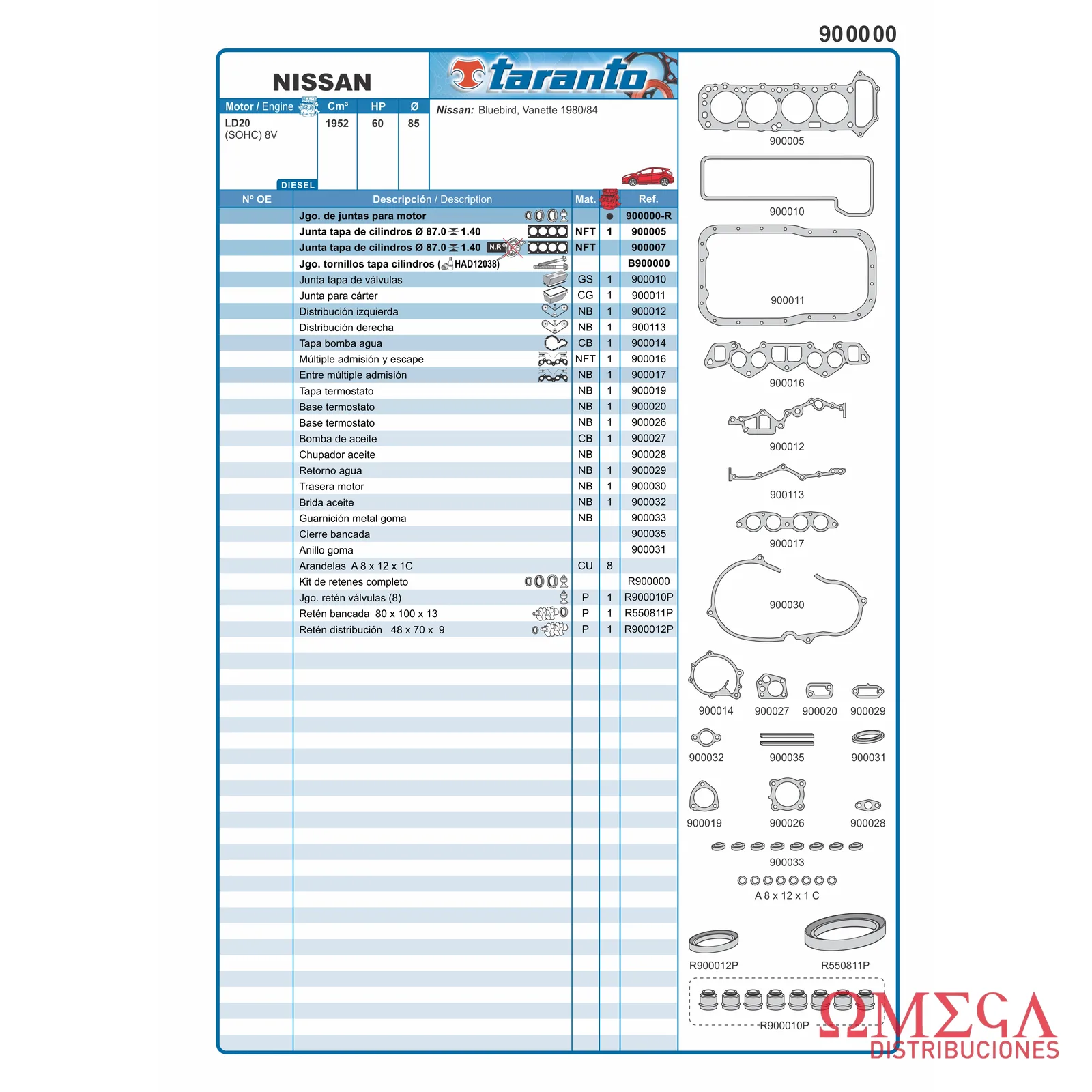 Juego de juntas Taranto — Nissan - 2.0 8V LD20 900000-R