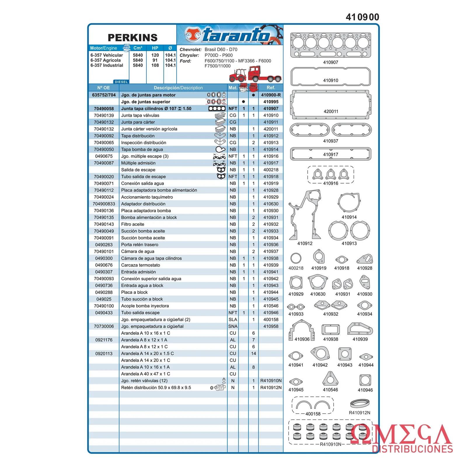 Juego de juntas Taranto — Perkins - 6-357 - Vehicular y agrícola 410900-R