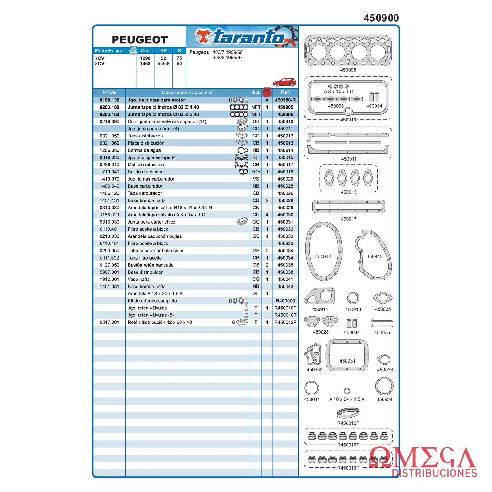 Juego de juntas Taranto — Peugeot - 7CV / 8CV - 403 450900-R