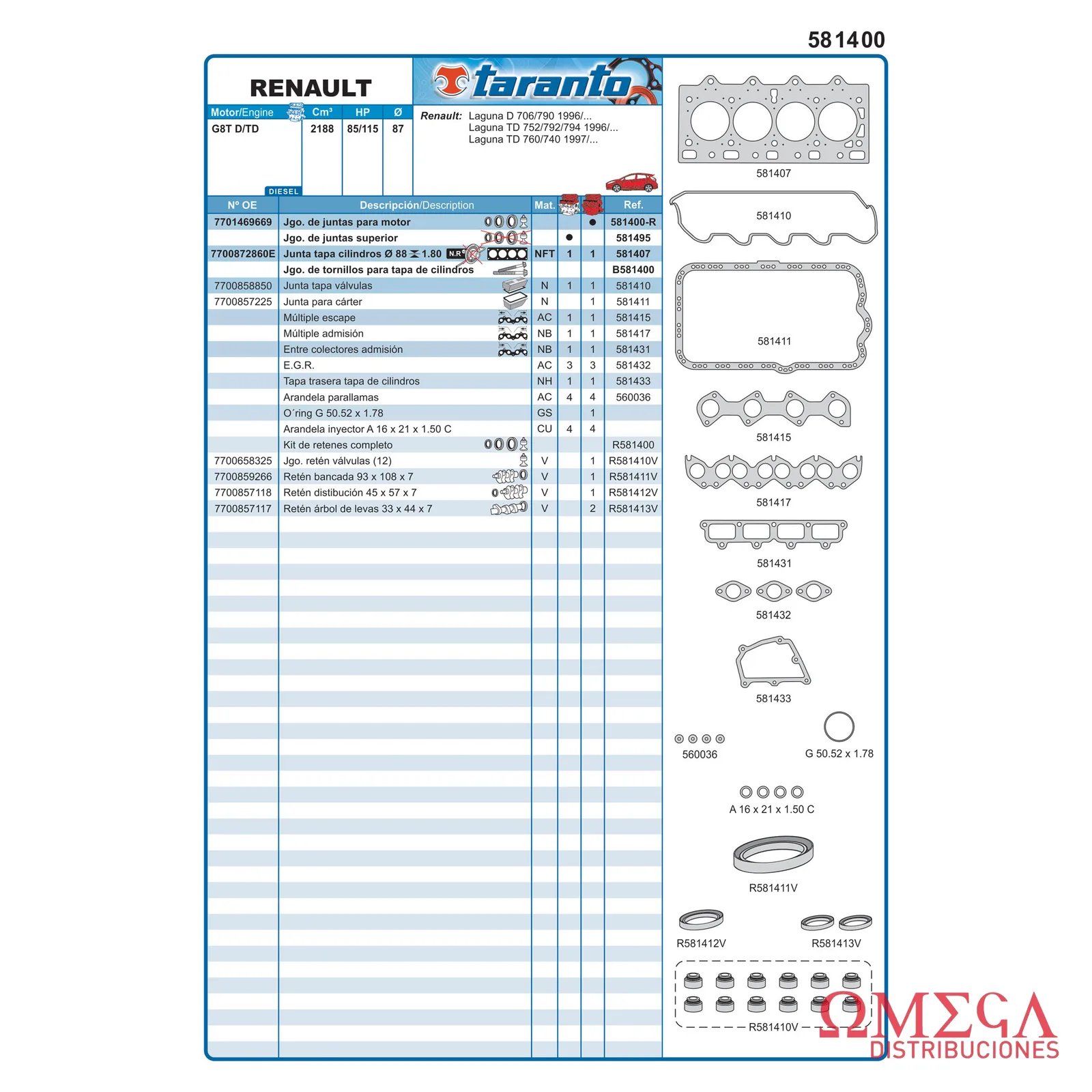 Juego de juntas Taranto — Renault - 2.2 TD 12V G8T - Laguna 581400-R