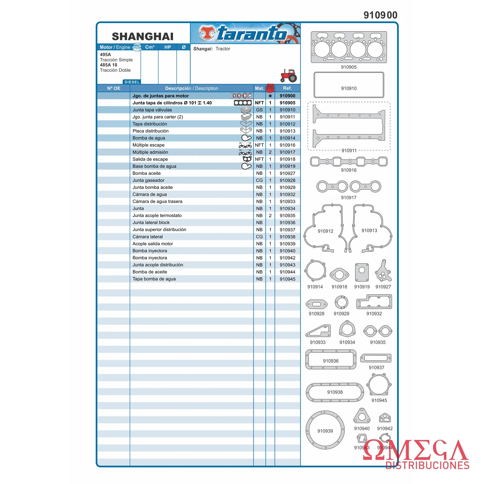 Juego de juntas shangai - 495A / 485A - tractor Taranto 910900