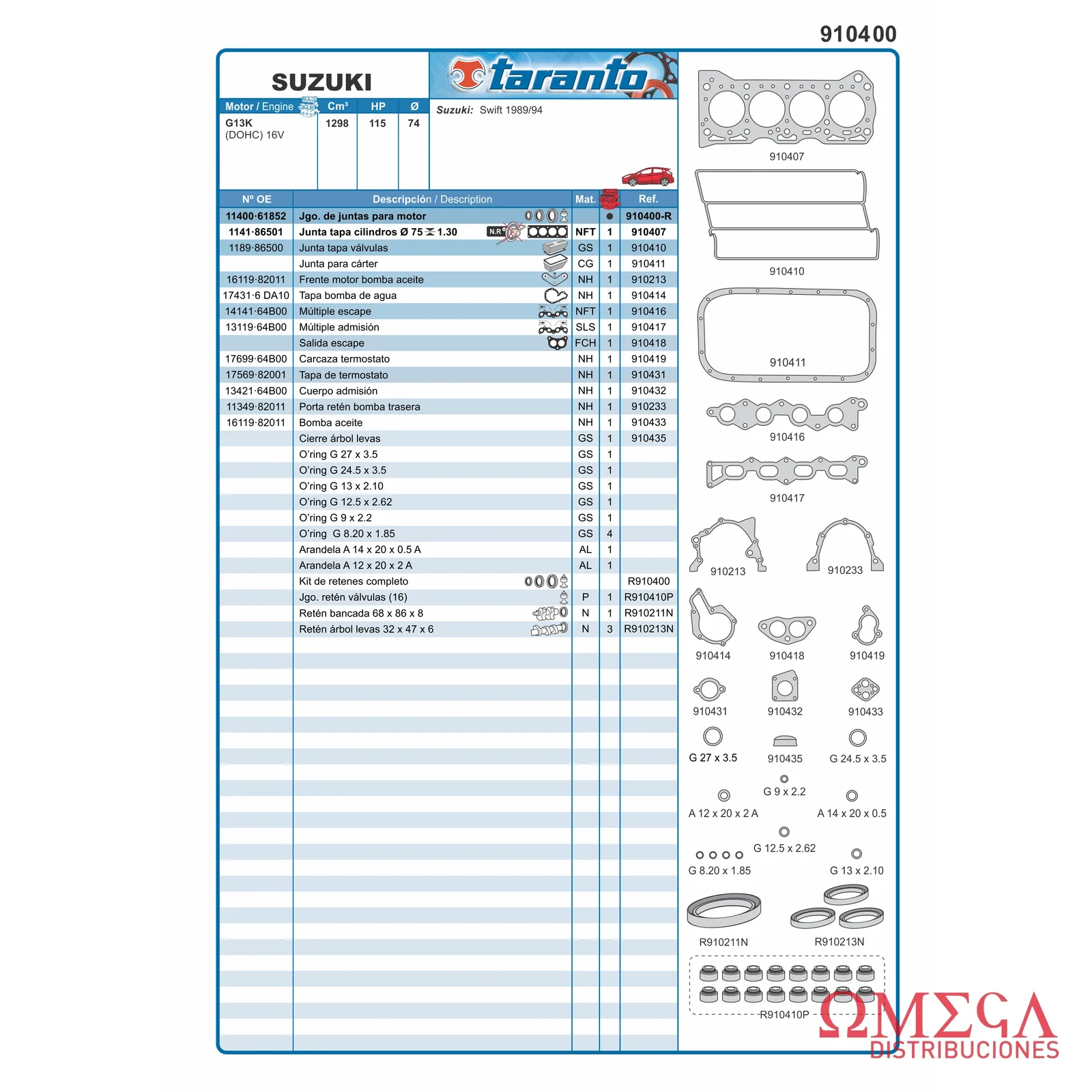 Juego de juntas Taranto — Suzuki - 1.3 16V G13K 910400-R
