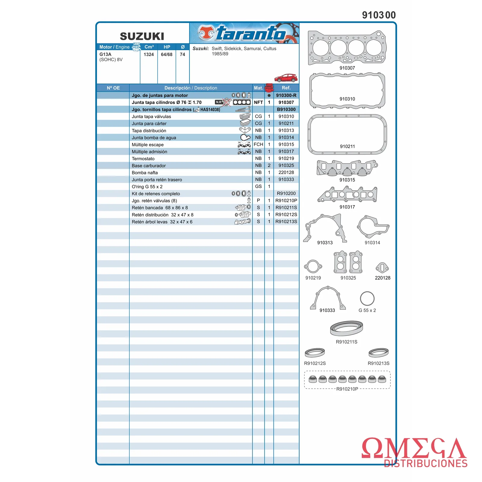 Juego de juntas Taranto — Suzuki - 1.3 8V G13A 910300-R