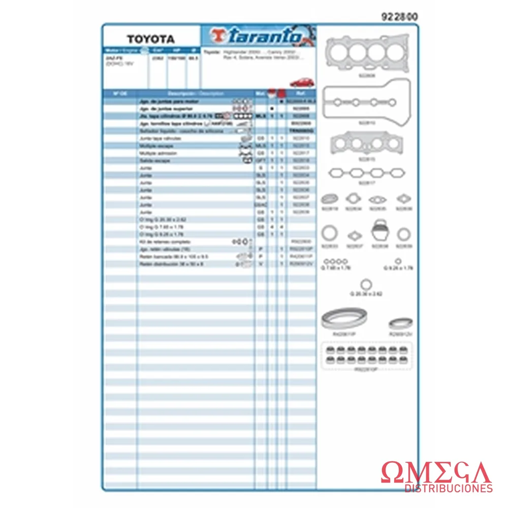 Juego de juntas Taranto — Toyota - 2.3 16V 2AZ-FE 922800-RMLS